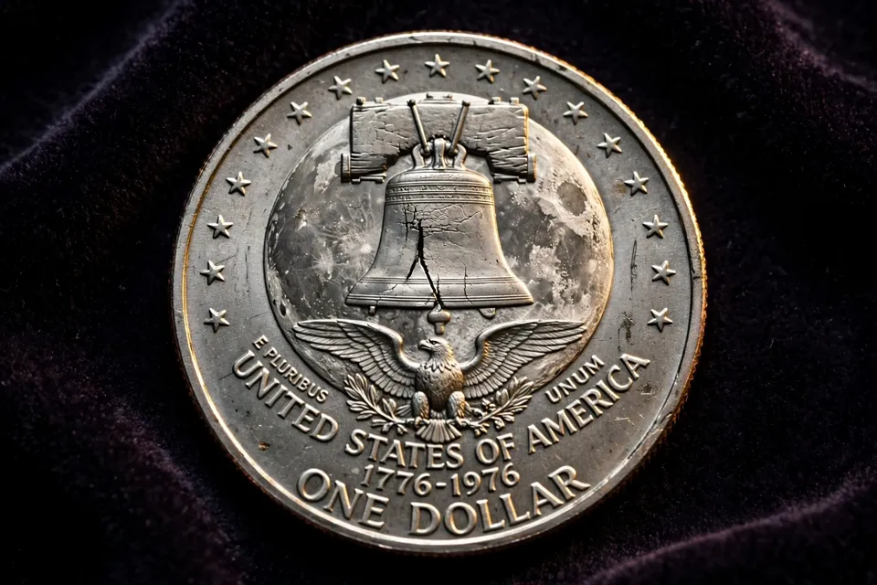 1976 Bicentennial Eisenhower dollar reverse — Liberty Bell superimposed over the moon with the dual date 1776-1976