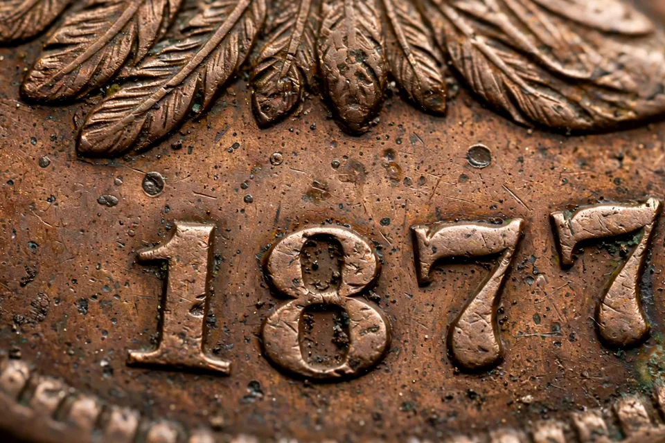 how much is an Indian Head penny worth — extreme macro of the 1877 date below Liberty's portrait on the key-date 1877 Indian Head penny