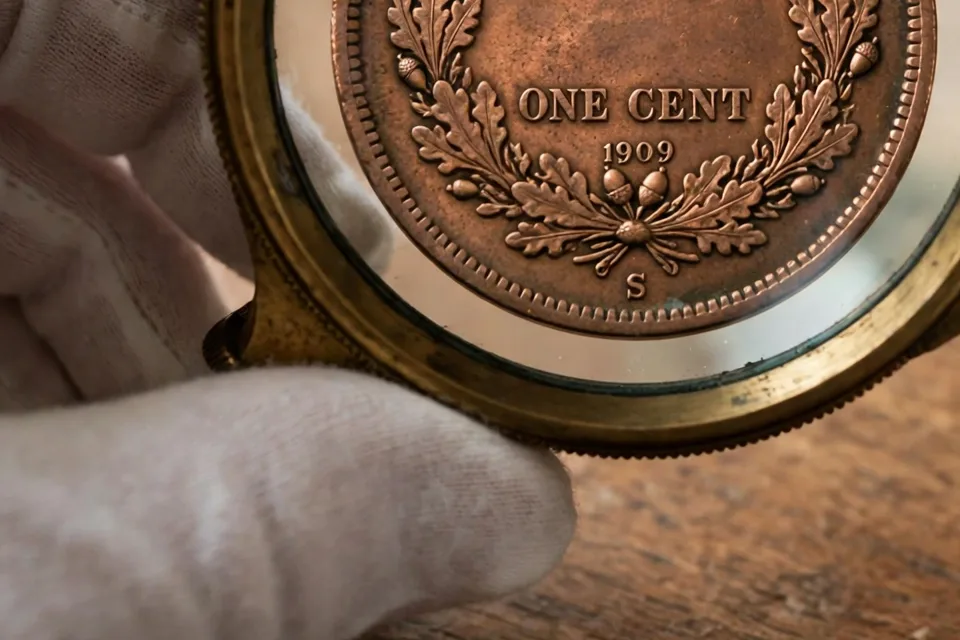 how much is an Indian Head penny worth — the small S mint mark below the wreath on a San Francisco Indian Head penny, viewed through a collector's loupe