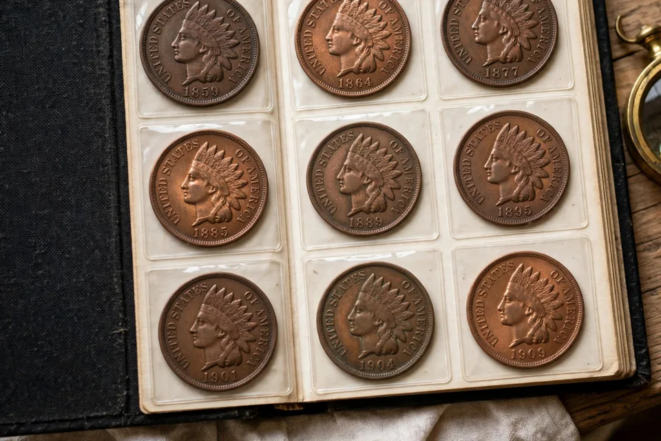 Indian Head pennies from 1859 to 1909 in a collector album page with a brass magnifying loupe — check the date and the wreath before you spend one