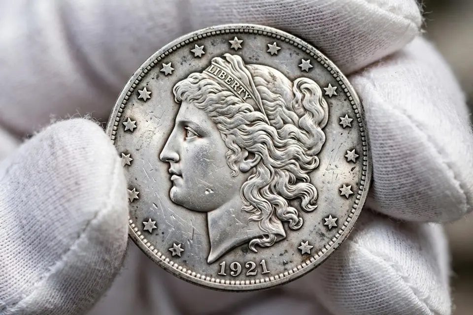 1921 Morgan dollar obverse close-up in cotton gloves — Liberty profile, stars, and 1921 date showing circulation wear on the cheek