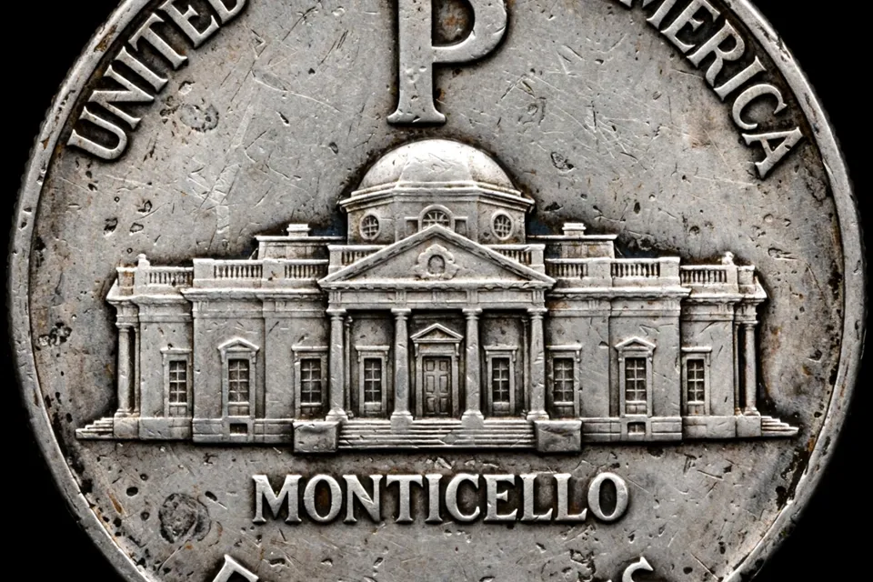 Wartime silver nickel reverse showing the large P mint mark above Monticello