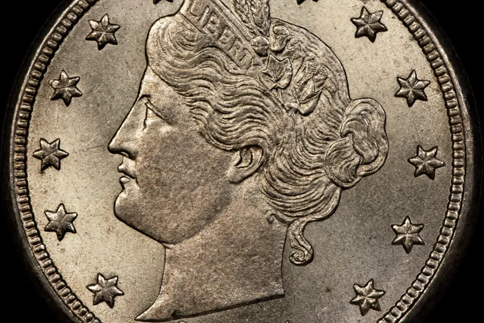 1885 Liberty Head nickel obverse macro — a key-date V nickel worth $500+ even worn