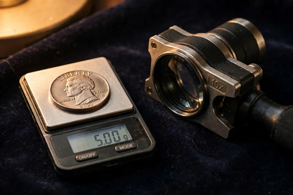 Jefferson nickel on a digital scale beside a magnifying loupe — grading tools for nickel collectors