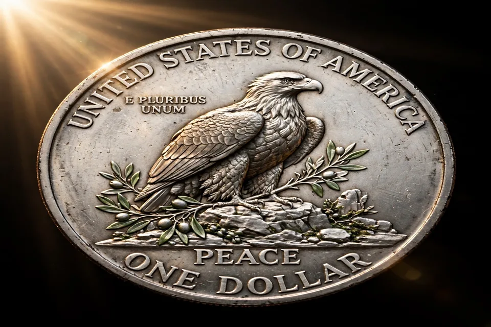 Peace dollar reverse close-up — bald eagle perched on a rock at sunrise with PEACE and ONE DOLLAR legends