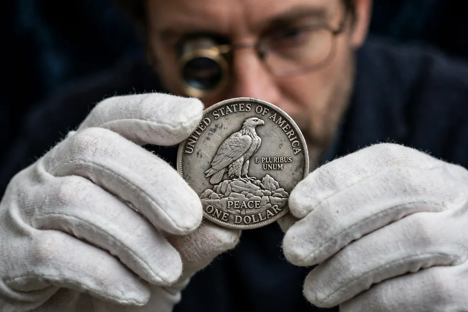 Peace dollar reverse held in white cotton gloves — eagle on a rock with UNITED STATES OF AMERICA legend