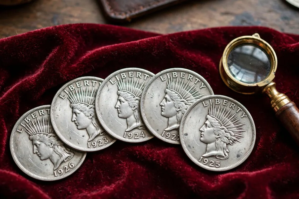 Peace dollars fanned on red velvet with a brass loupe — Liberty obverses dated 1923 to 1926