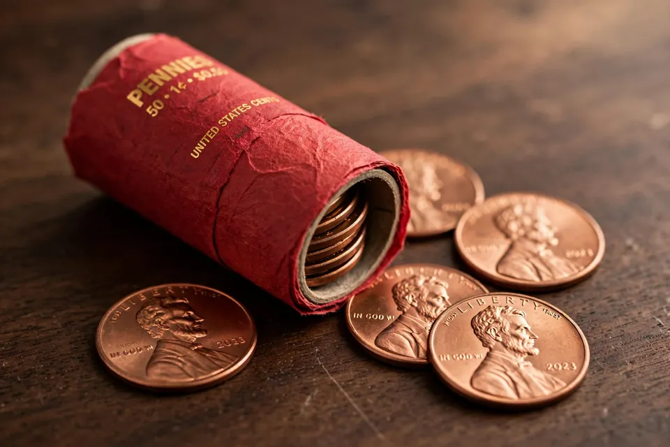 how many pennies in a roll — red-wrapped roll of pennies beside loose Lincoln cents
