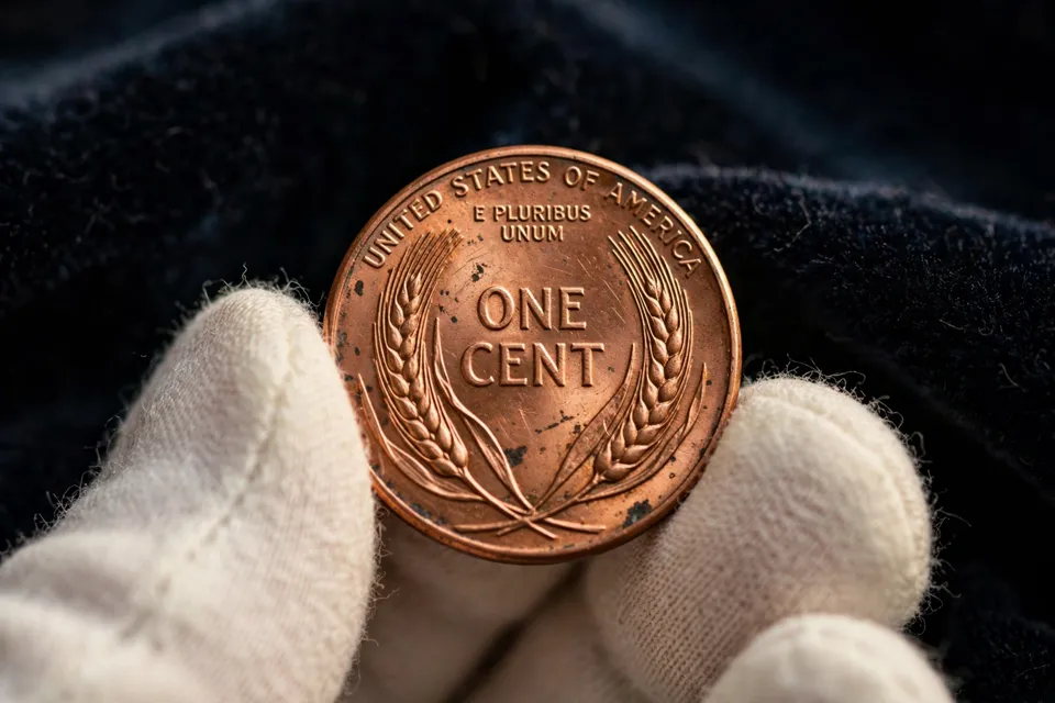 wheat penny reverse close-up — ONE CENT between two wheat stalks