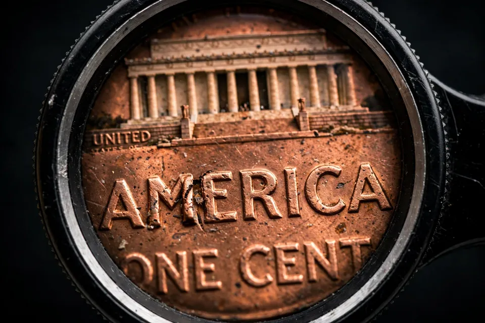 Lincoln Memorial penny reverse under a loupe — AMERICA lettering spacing check for Close AM and Wide AM varieties
