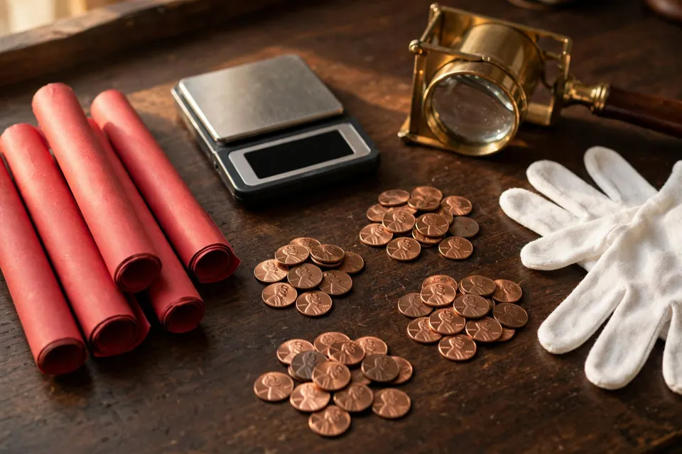 collector desk with red penny rolls, digital scale, magnifier, gloves, and sorted Lincoln cents