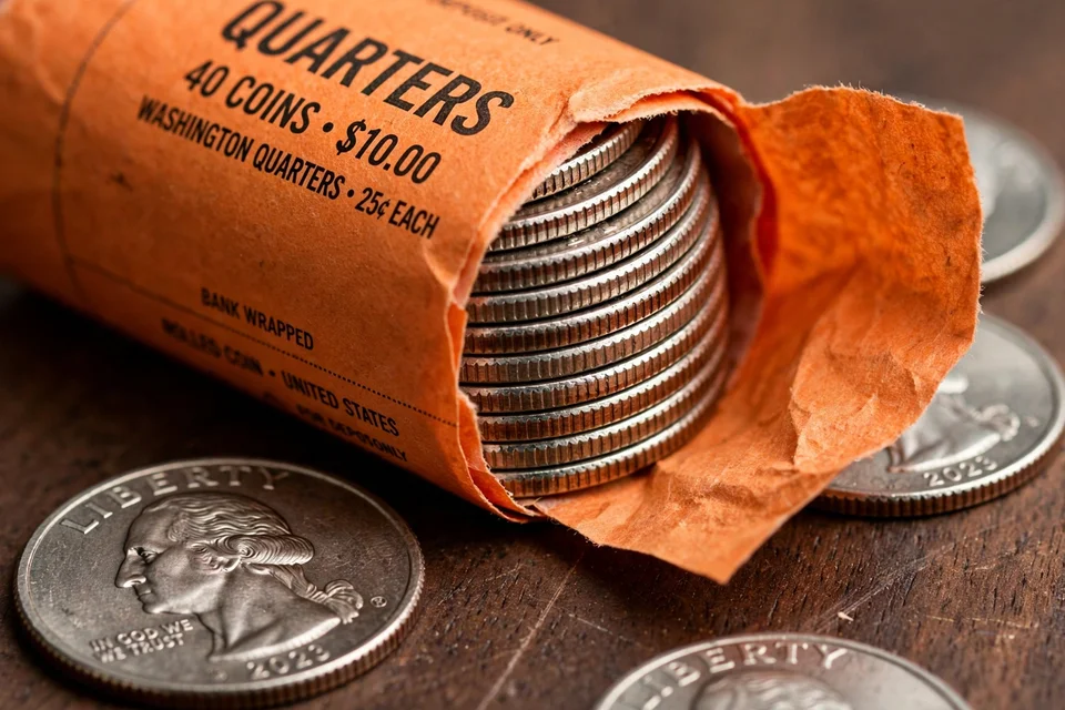how many quarters in a roll — bank-wrapped roll of quarters in an orange paper wrapper beside loose Washington quarters
