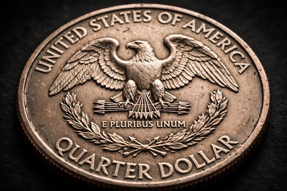 Washington quarter reverse close-up — eagle above QUARTER DOLLAR lettering