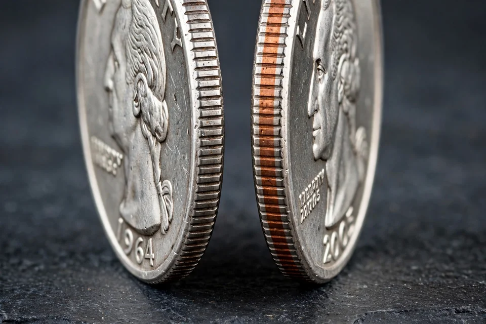 silver quarter edge versus clad quarter copper stripe edge comparison under magnification