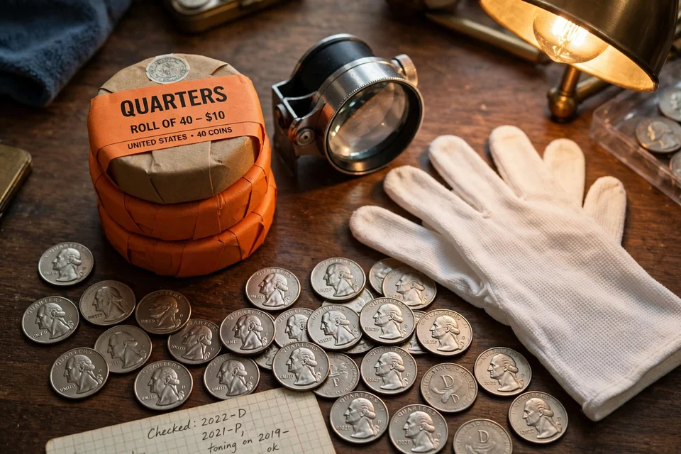 collector desk with orange-wrapped quarter rolls, loupe, gloves, and loose Washington quarters
