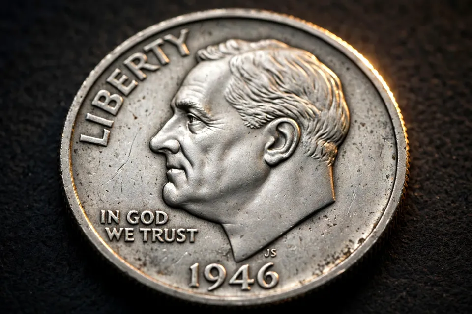 how much is a Roosevelt dime worth — 1946 Roosevelt dime obverse with Franklin D. Roosevelt portrait, LIBERTY, IN GOD WE TRUST, and the 1946 date