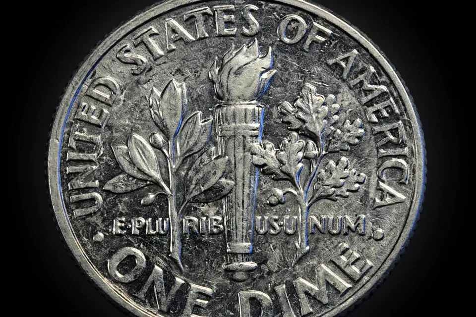 Roosevelt dime reverse close-up — torch with two horizontal bands, olive branch on the left and oak branch on the right, UNITED STATES OF AMERICA and ONE DIME