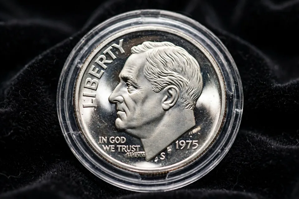 Mirror-finish proof Roosevelt dime in a protective holder, the proof finish carried by the rare 1975 No-S error