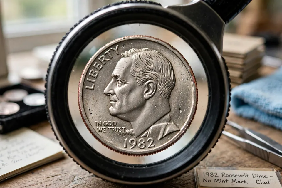 1982 Roosevelt dime under a magnifying loupe showing the blank area above the date with no mint mark, the 1982 No-P error