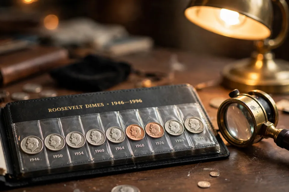 Roosevelt dime collection album spanning 1946 to 1996 with a brass magnifying loupe beside it