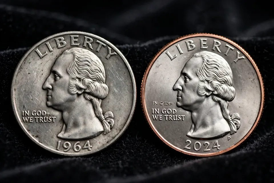 how to tell if a quarter is silver — a 1964 silver quarter beside a modern clad quarter on dark velvet