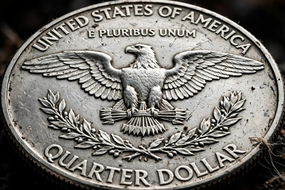 silver quarter reverse — heraldic eagle reverse of a Washington silver quarter with sharp feather detail