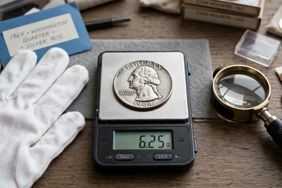 silver quarter weight test — a silver Washington quarter on a digital jewellery scale with gloves and a loupe