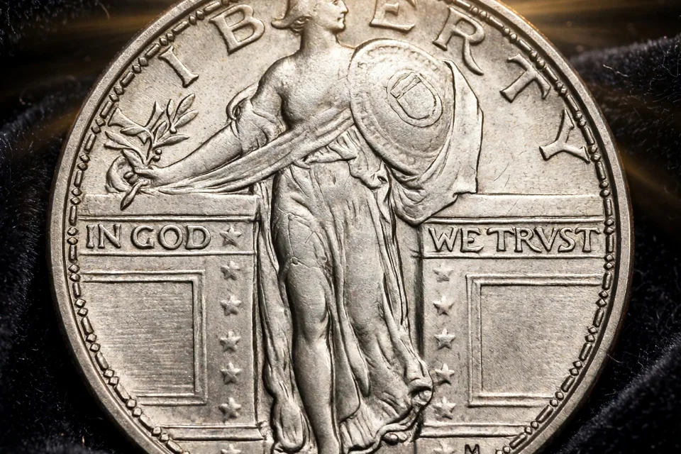 how much is a Standing Liberty quarter worth — 1916 Standing Liberty quarter obverse with Liberty walking toward the rising sun