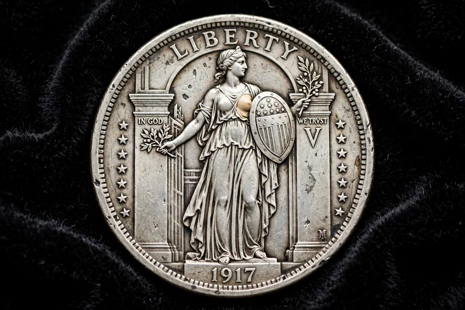 1917 Type 1 Standing Liberty quarter obverse — Liberty with exposed breast classical style and 1917 date on the pedestal
