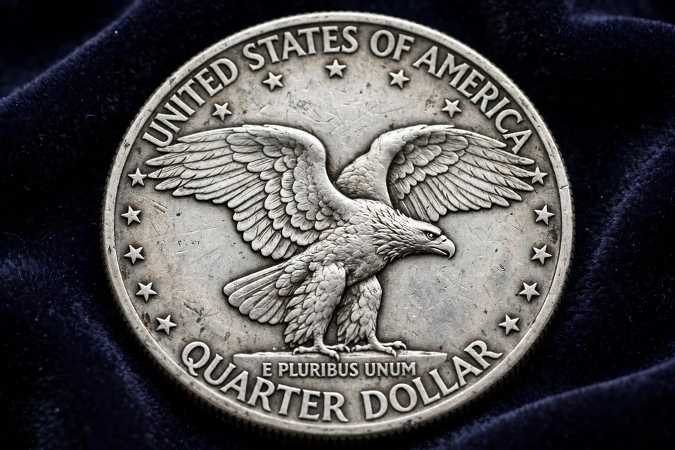 Standing Liberty quarter reverse close-up — bald eagle in flight with UNITED STATES OF AMERICA and QUARTER DOLLAR legends