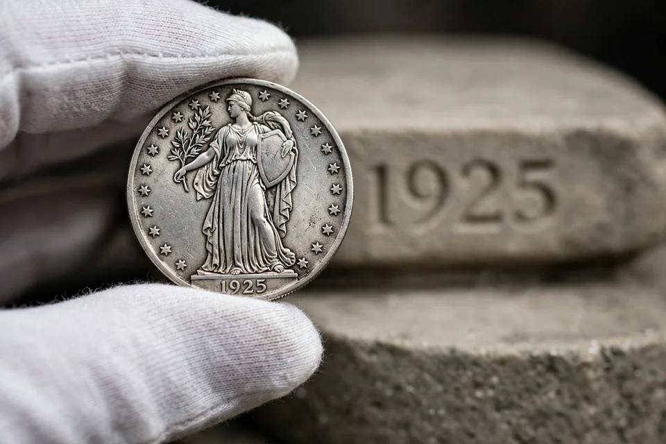 1925 Standing Liberty quarter in white cotton gloves — recessed date clearly readable on the pedestal