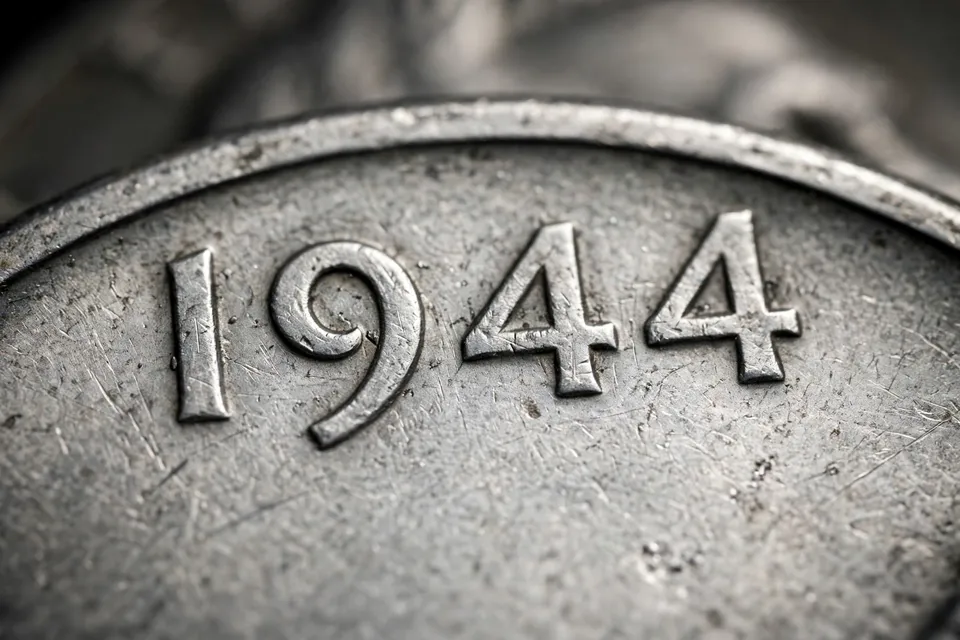Close-up of the 1944 date on a genuine 1944 steel penny with no mint mark