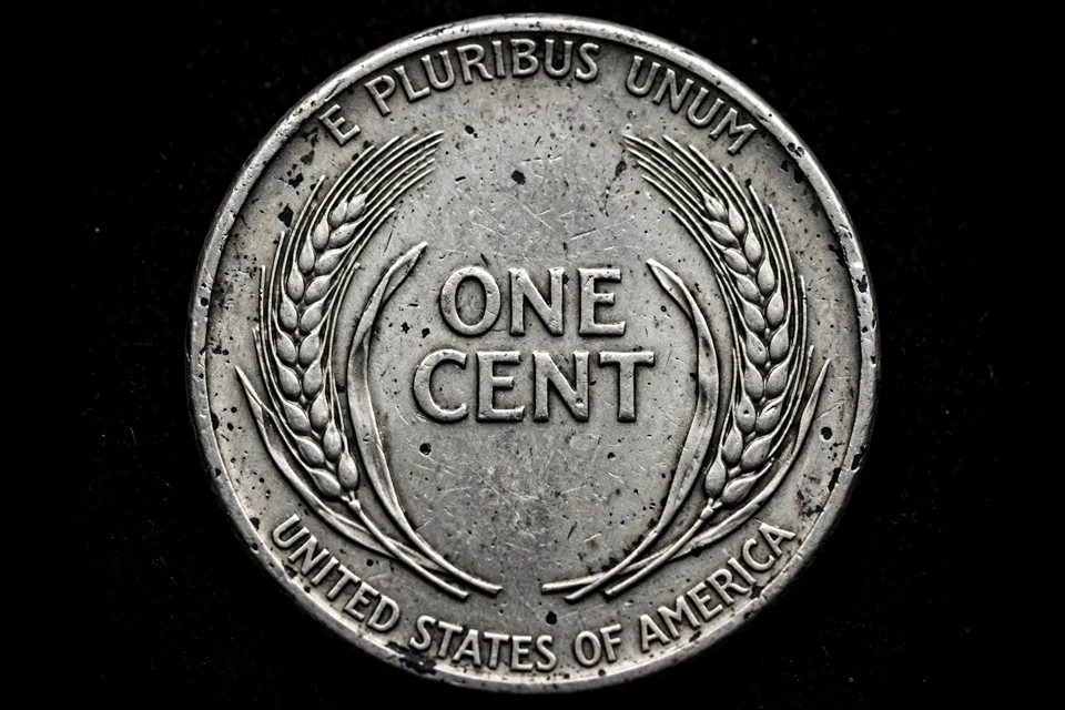 Reverse of a 1944 steel wheat penny showing wheat stalks