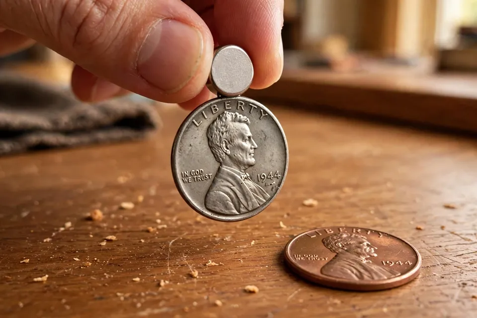 1944 steel penny sticking to a magnet next to a copper 1944 penny