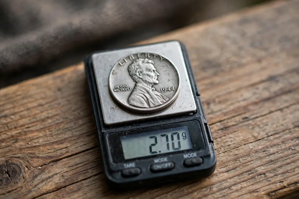 1944 steel penny on a digital scale weighing 2.70 grams