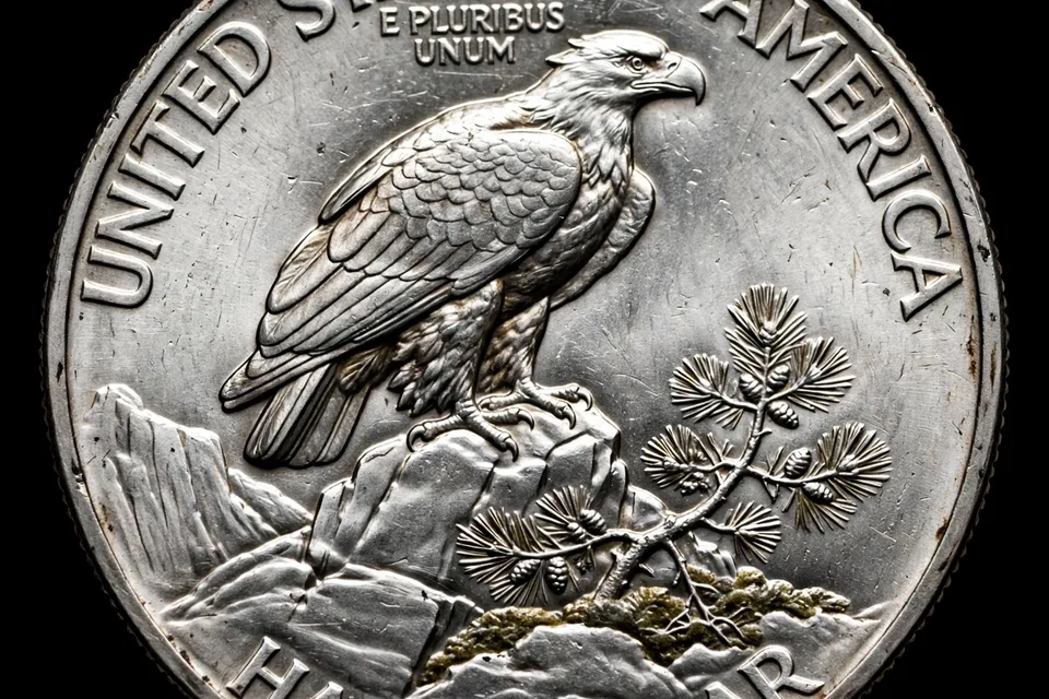 Walking Liberty half dollar reverse close-up — bald eagle perched on a rocky mountain crag beside a pine sapling