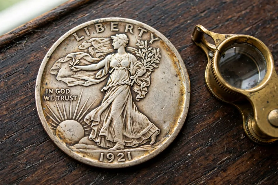 1921-D Walking Liberty half dollar obverse — the key date with the lowest mintage in the series, 208,000 struck