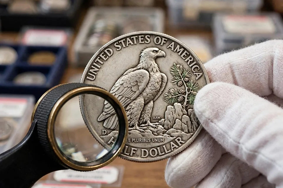 how much is a Walking Liberty half dollar worth — collector inspecting a Walking Liberty half dollar reverse mint mark area with a loupe in cotton gloves