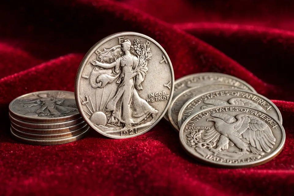 Walking Liberty half dollars fanned on deep red velvet — common-date silver halves beside a standing obverse example