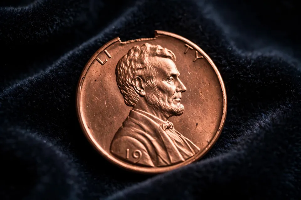 Lincoln cent design struck on a tiny dime-sized blank, entirely copper colored with outer lettering and part of the date cut off