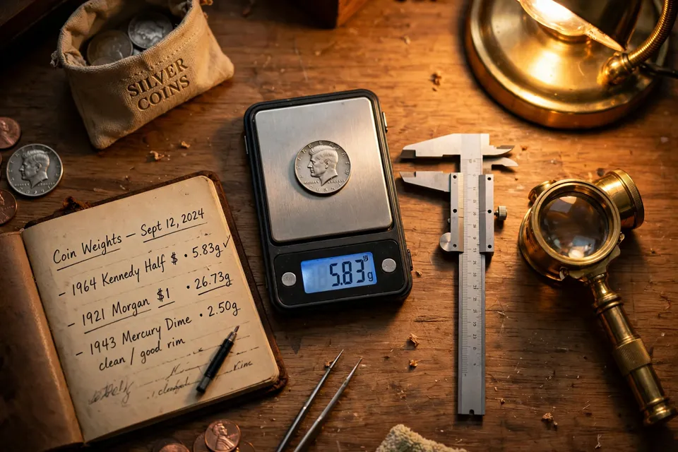 Digital pocket scale weighing a coin beside a caliper, brass loupe, and notebook on a collector desk