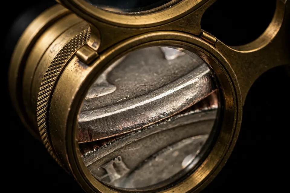 Brass magnifying loupe inspecting the plain smooth edge of a wrong planchet error coin
